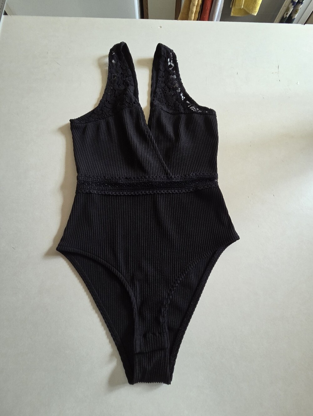 Topshop Black Lace/Crochet Ribbed Womens Body Suit Size 2 UK 6